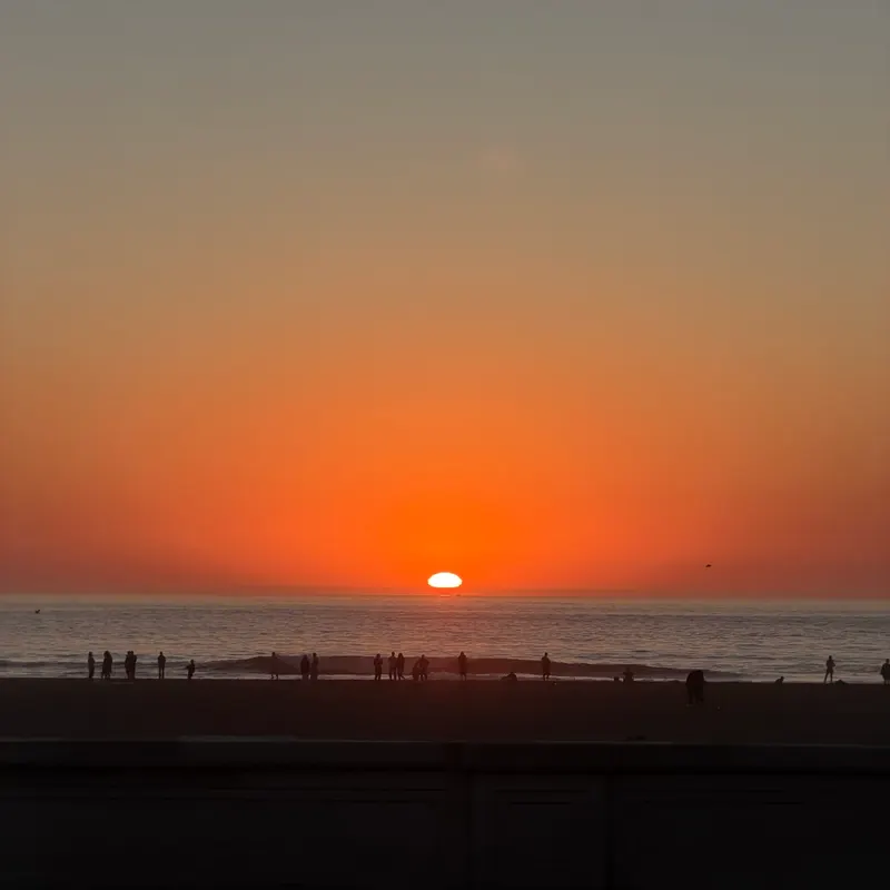 The sun setting over the ocean, with people silhouetted along the beach